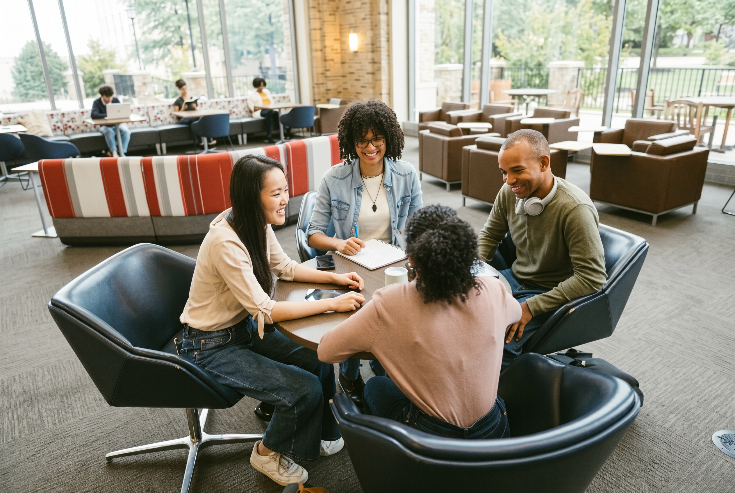 Professionals collaborating around a table in a bright shared workspace